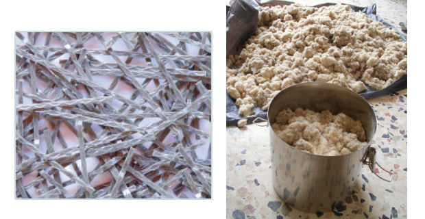 In alto: a destra, rete in poliestere; a sinistra, biocomposito realizzato in laboratorio