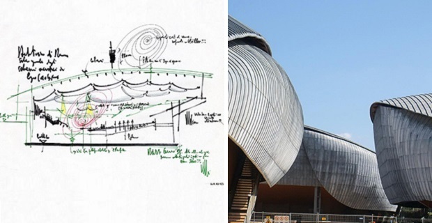  Renzo Piano Building Workshop, Parco della musica Auditorium, Roma (1994-2002). Il progettista lo definisce una cassa armonica. “Come gli architetti, i musicisti lavorano sulla materia, che per loro è il suono. La vibrazione della corda per gli archi, l’aria per i fiati. Una solida base d’ordine a cui ti diverti a disobbedire. Come in architettura, appunto”. Foto a sinistra disegno di Renzo Piano, sala Santa Cecilia, 1996 pennarello e matita colorata su lucido; a destra una foto dell'Auditorium. 