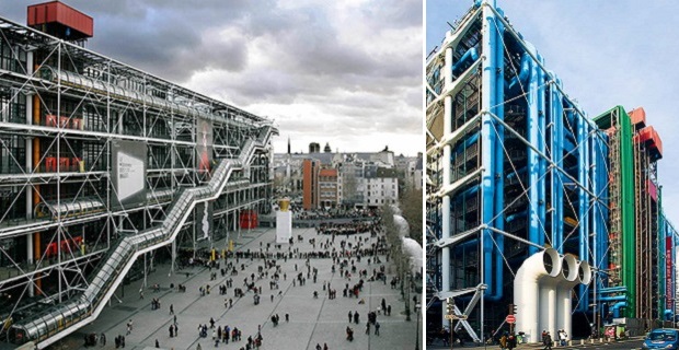 Renzo Piano e Richard Rogers, Centro nazionale d’arte e di cultura George Pompidou noto anche come Beaubourg, Parigi, Francia, 1971-1977. A sinistra un'immagine dall'account Flickr "Estudio campo baeza".