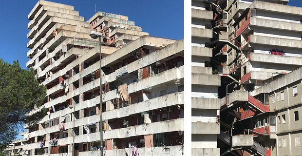  Una Vela è costituita da due corpi di fabbrica lamellari inclinati, separati da un grande vuoto centrale attraversato dai lunghi ballatoi sospesi (nell'immagine a destra).