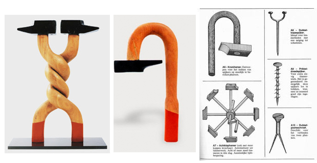  Esempi di ergonomia e design. Da sinistra, Martelli siamesi, martello piegato, Polimartello.