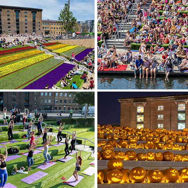  I gradoni di Granary Square vengono spesso utilizzati ed arredati per eventi e ricorrenze. Per il Chelsea Flower Show, prestigioso evento di giardinaggio, i gradoni sono stati decorati con tappeti di fiori colorati. Sono spesso organizzate lezioni di yoga mattutino e per Halloween delle zucche hanno arredato l’anfiteatro.